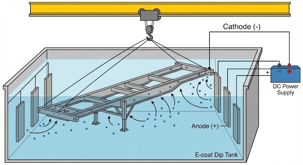Semi-Trailer Painting Full Analysis (2025 Edition): From Manual Brushing to Powder Coating 1 Diagram illustrating the cathodic electrodeposition (e-coat) process used by Kales Vehicle for semi-trailer chassis, showing the chassis submerged in a dip tank.