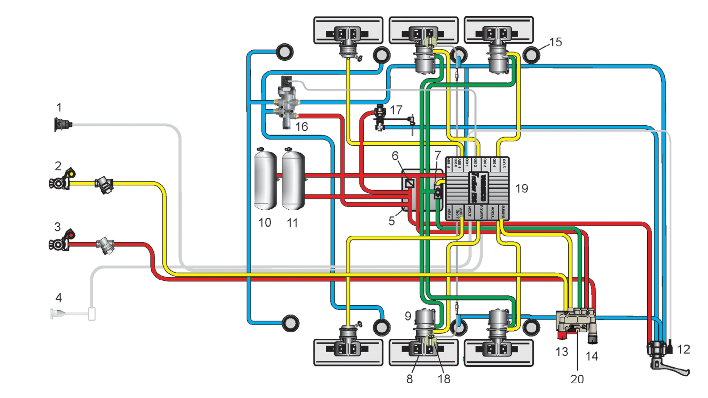Schematic diagram showing a semi-trailer Electronic Braking System (EBS) integrated with conventional air suspension control components.