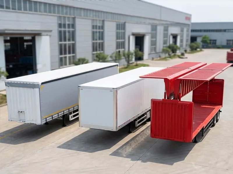 Kales Vehicle dry van solutions line-up: White curtain side trailer, Aluminum box trailer, and Red open wing-type semi trailer for fast loading