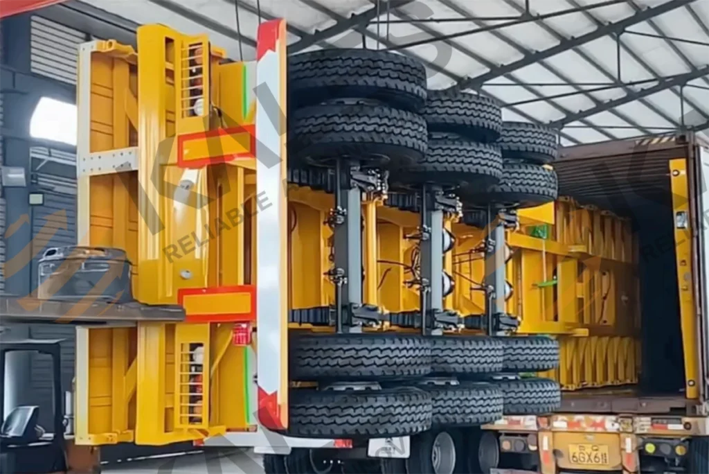 Container loading of Kales semi trailer for export, ensuring secure fastening and space optimization.
