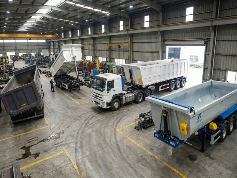 Heavy-duty rear dump semi-trailers designed for efficient sand and coal transport, displayed at the Kales Vehicle factory.