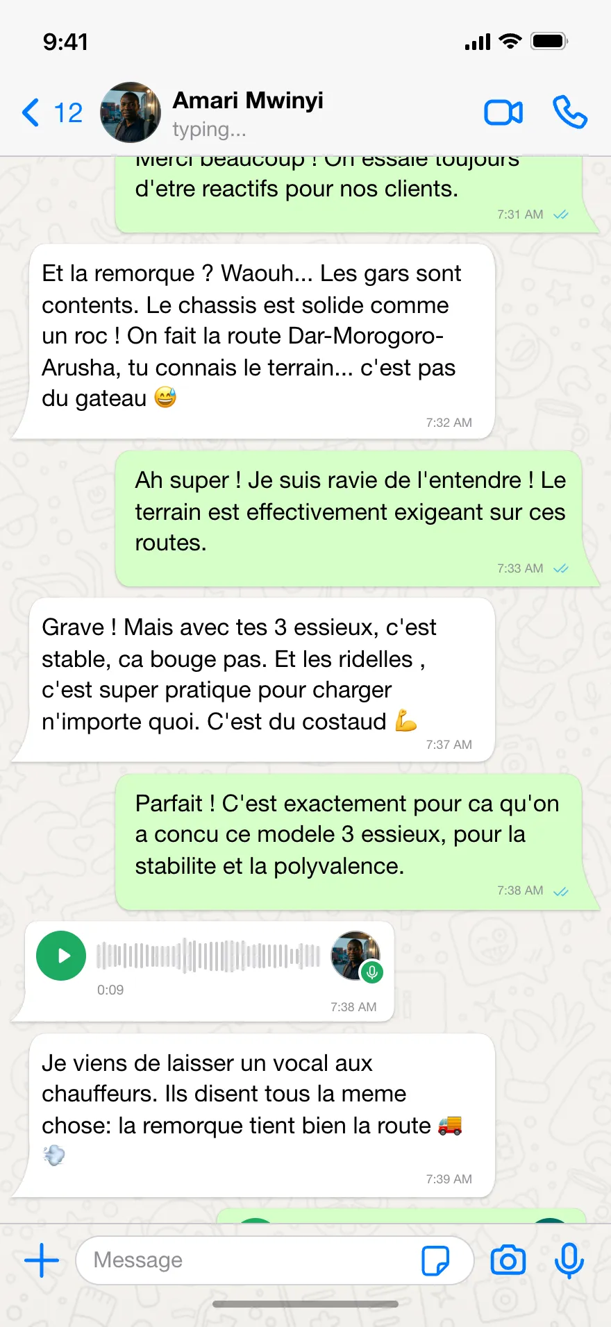Customer WhatsApp feedback on Kales flatbed trailer quality and after-sales support