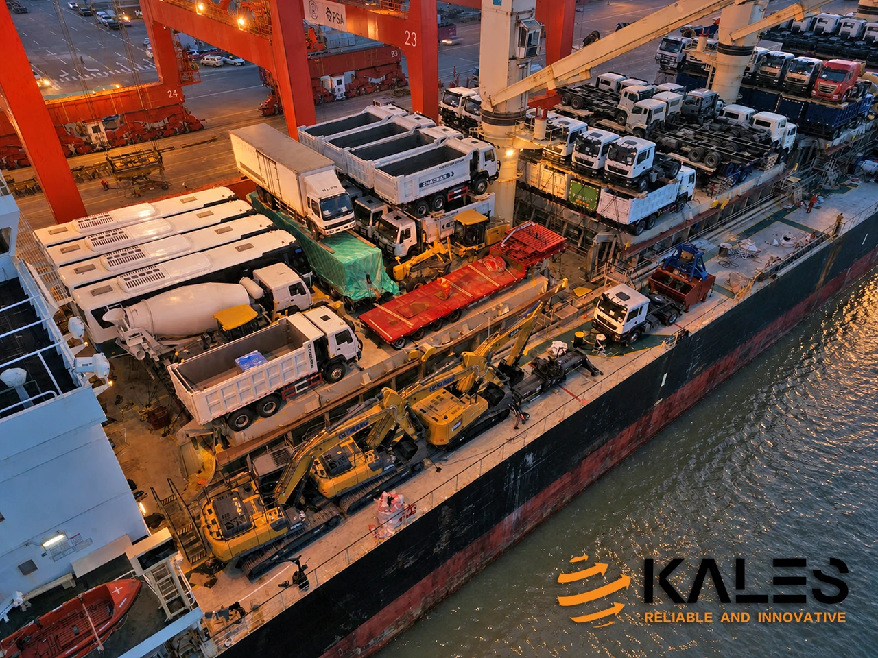 Flotte de camions bennes HOWO 371 et tracteurs routiers HOWO 371 reconditionnés haut de gamme par Kales, chargés sur navire roulier en partance pour le Port de Conakry, Guinée, Afrique de l'Ouest