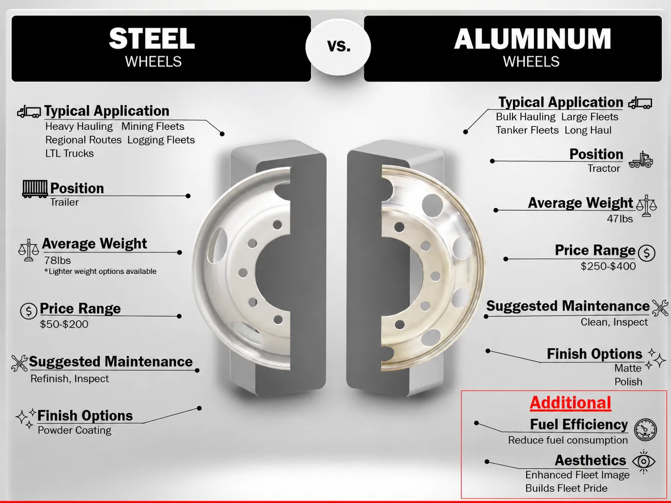 Parameter comparison chart detailing the weight, payload, and heat dissipation differences between forged aluminum and standard steel wheels for semi-trailers.