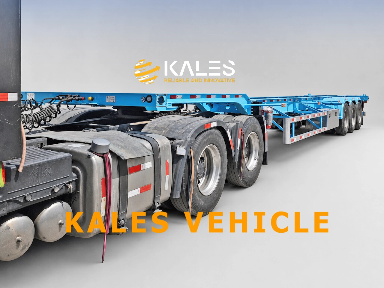 Front angle of 40ft reefer skeleton trailer with aluminum side guard and toolbox