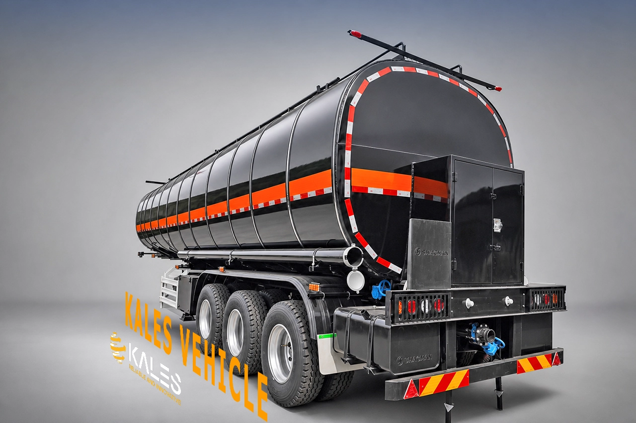 Rear 45-degree view of an asphalt tanker trailer showing the heating system and fuel tank