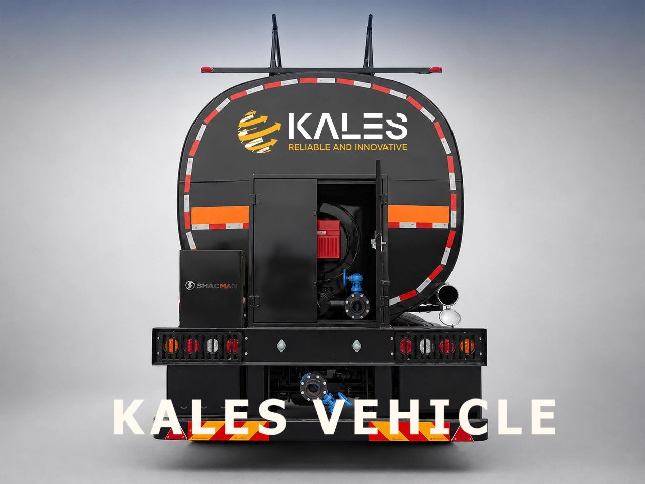 Rear view of an asphalt tanker semi trailer with rear underride protection guard