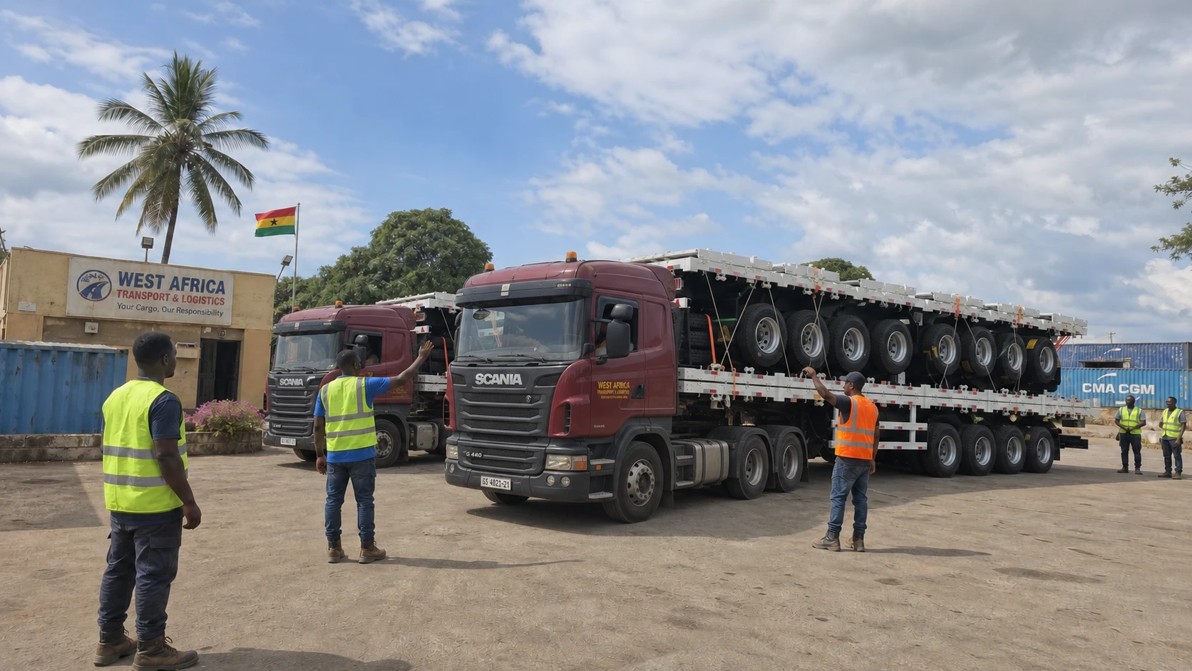 Ghanaian fleet manager inspecting a delivered 3-axle 15m flatbed semi-trailer after customs clearance at Tema Port