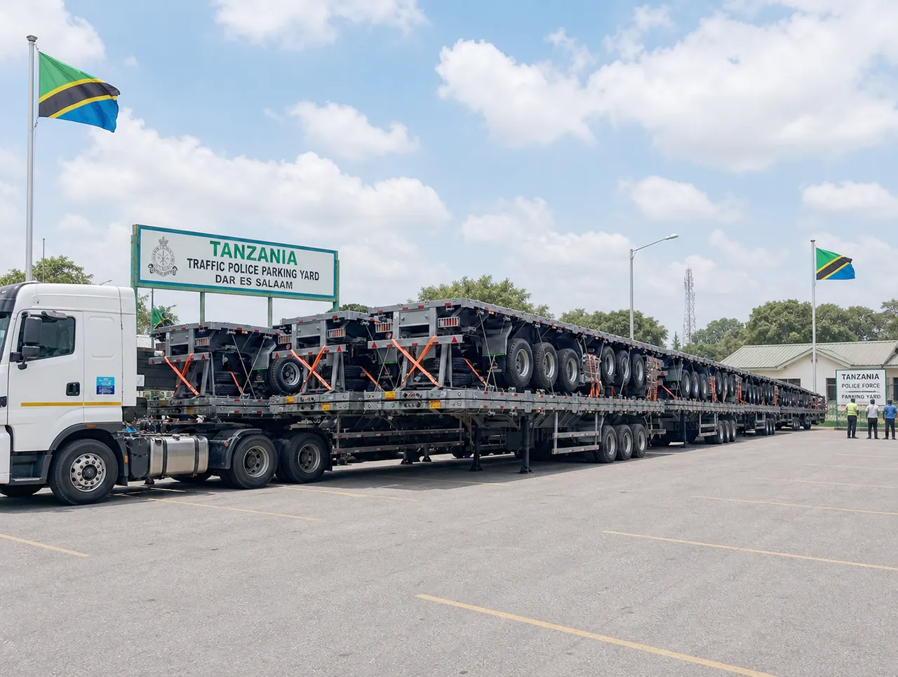 Fleet of Kales three-axle flatbed semi-trailers prepared for delivery to a logistics customer in Tanzania