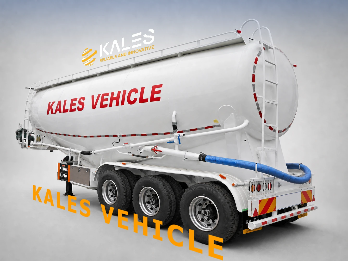 Kales 35m3 three-axle bulk cement tanker trailer rear three-quarter view