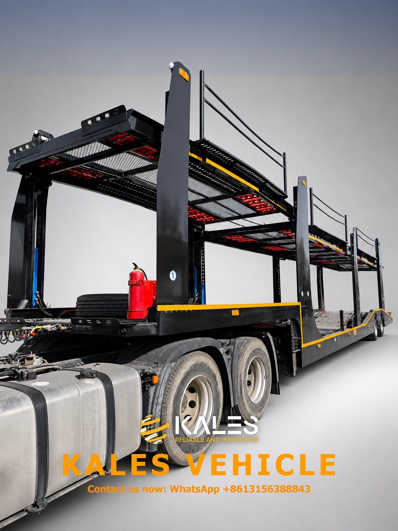 Kales 8-car carrier front 45-degree view with fire extinguishers ladder and front platform