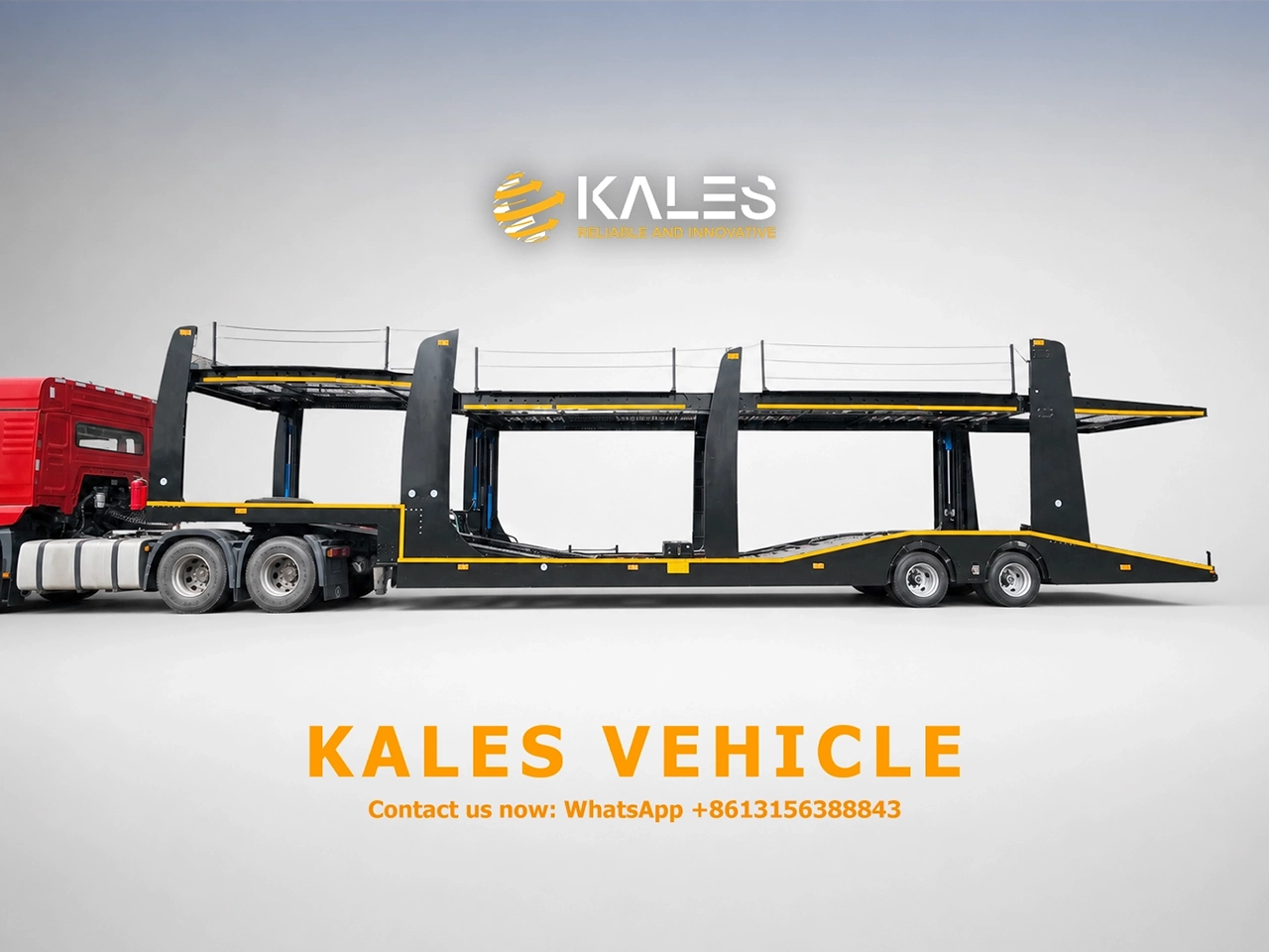 Kales 8-car carrier trailer side view with open cage frame and eight pillars