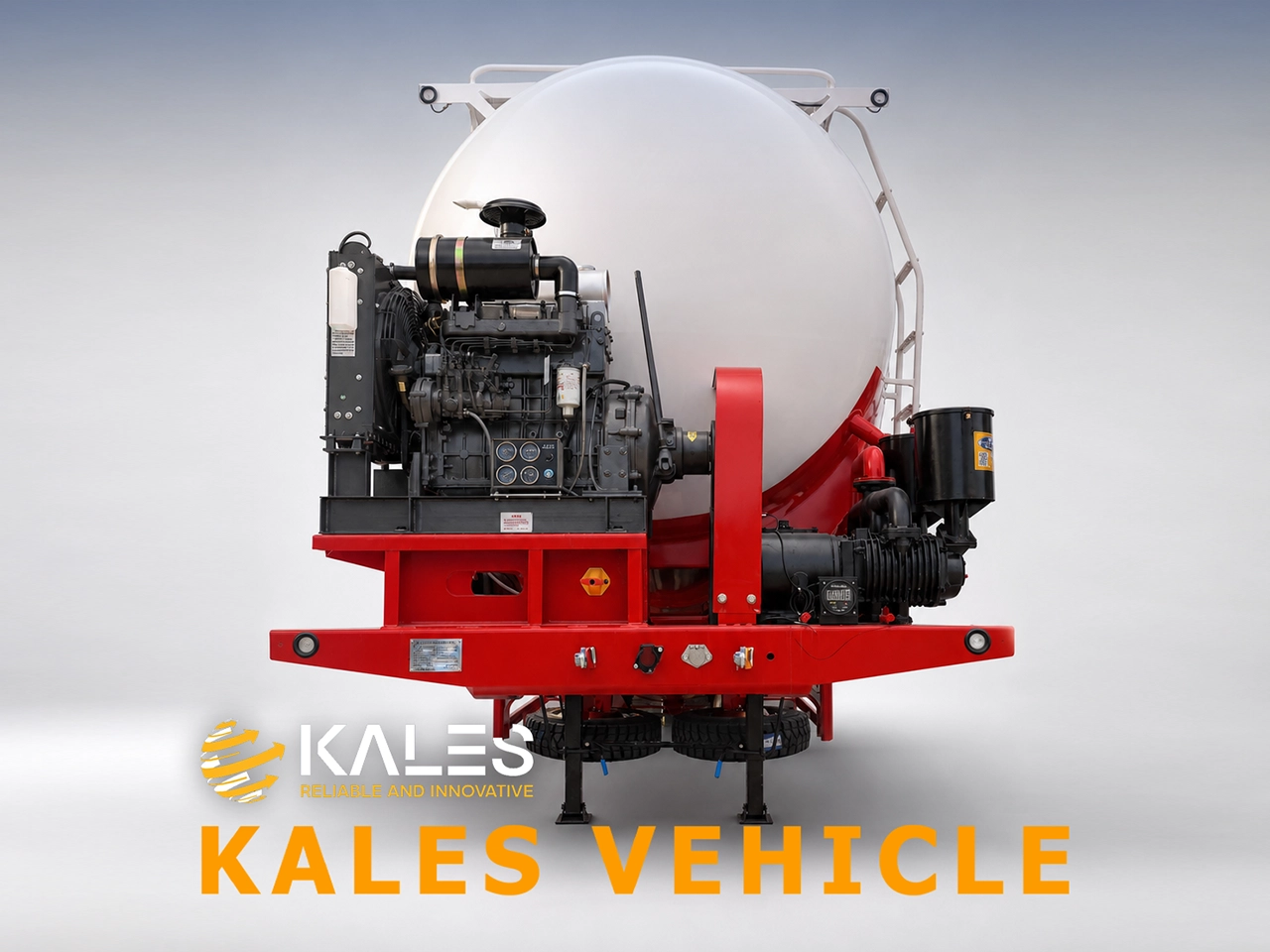 Kales cement tanker front view with diesel engine and twin-cylinder air compressor