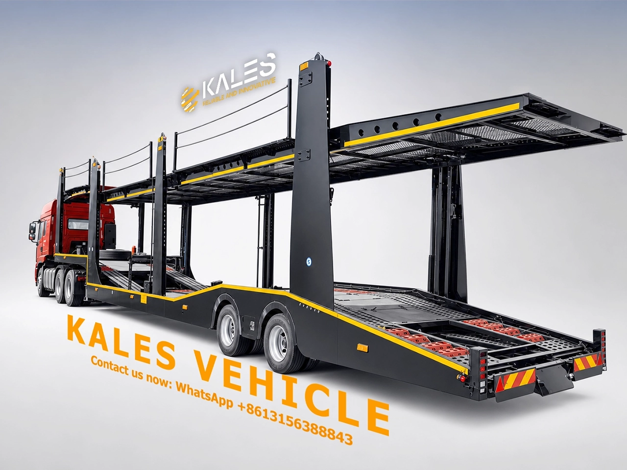 Kales European car carrier trailer rear 45-degree view with double deck and side lights