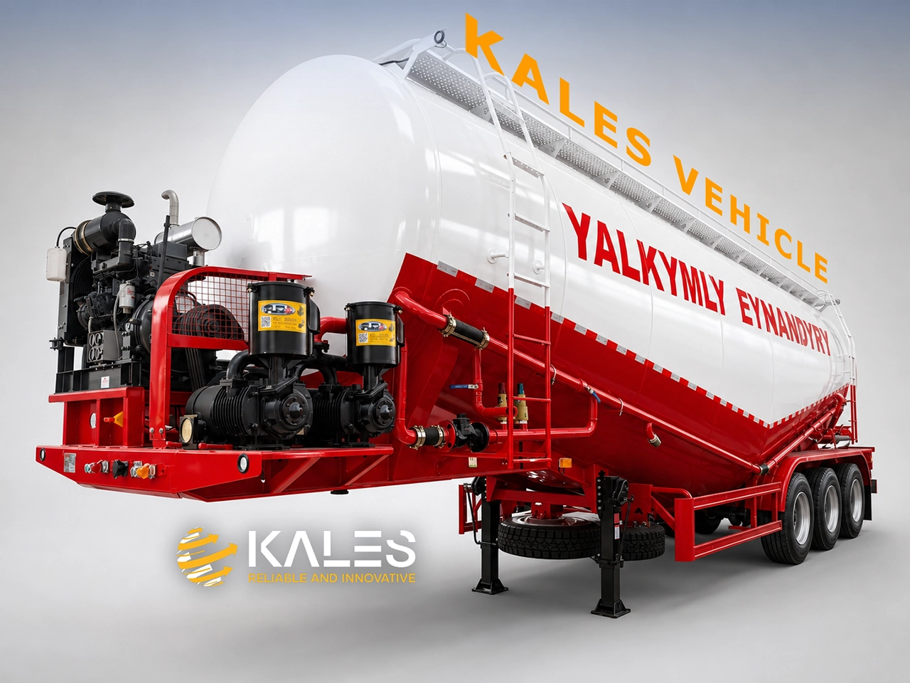 Kales cement bulker trailer front 45-degree view with gooseneck pipelines and ladders