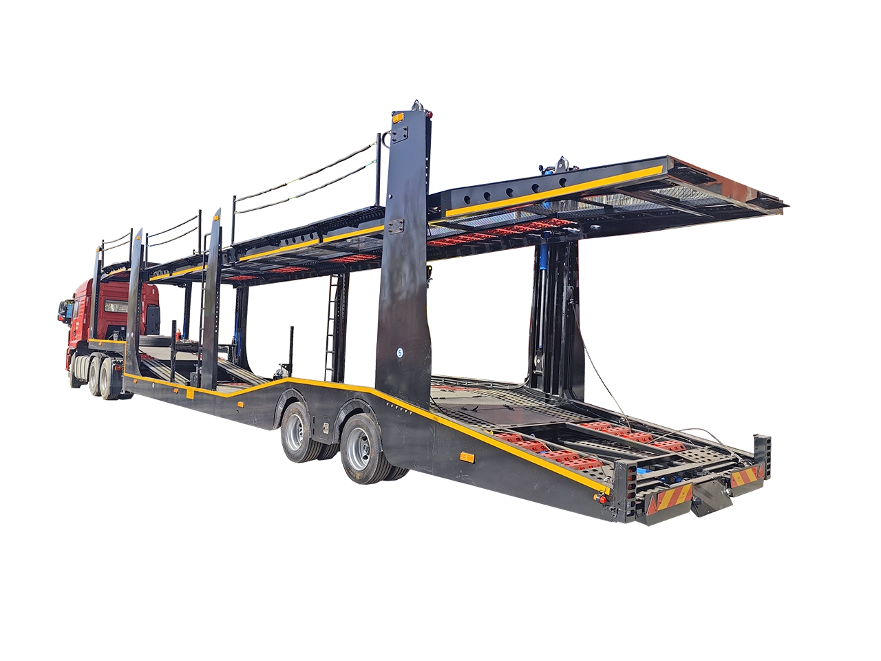 Key features of the Kales European 8-car carrier trailer, highlighting the high-strength skeletal frame, double-deck loading platform, and advanced hydraulic lifting system for efficient vehicle transport.