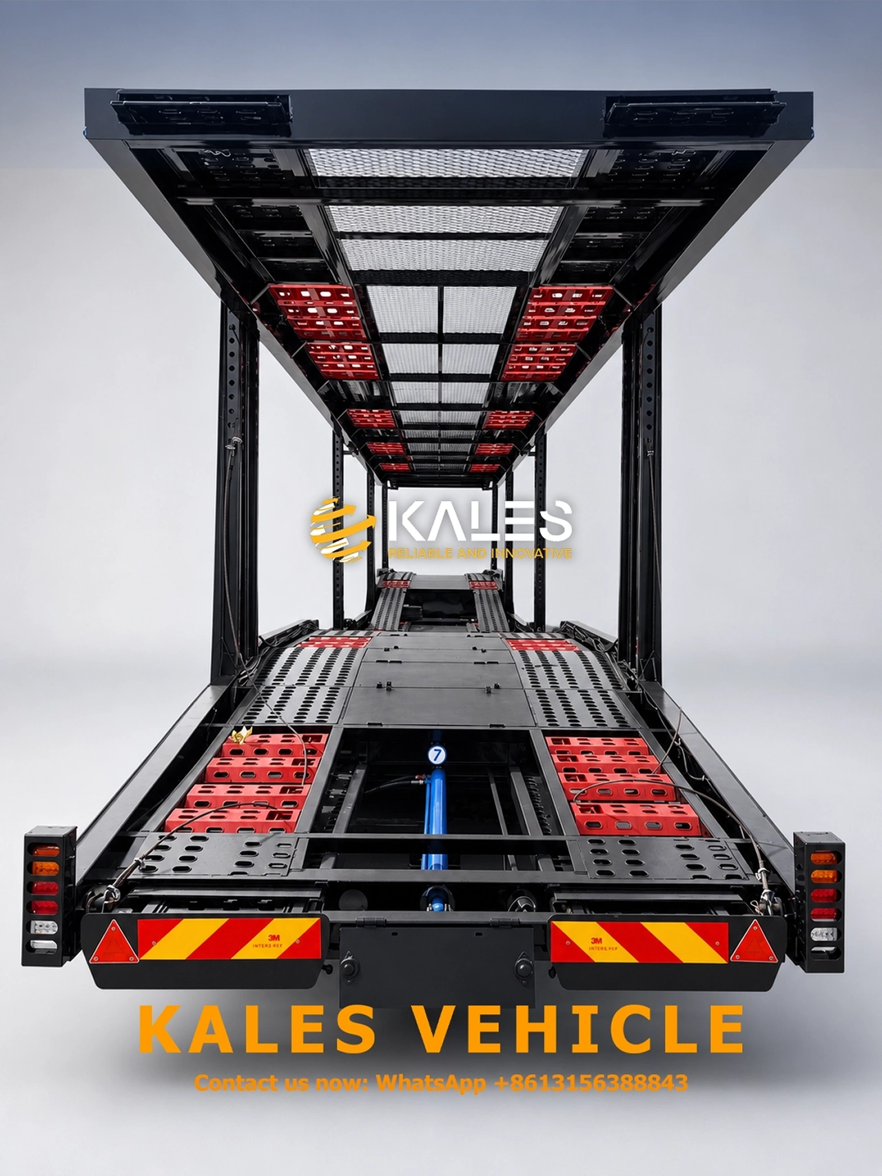 Kales vehicle transport trailer rear view with protection and pull-out loading platform