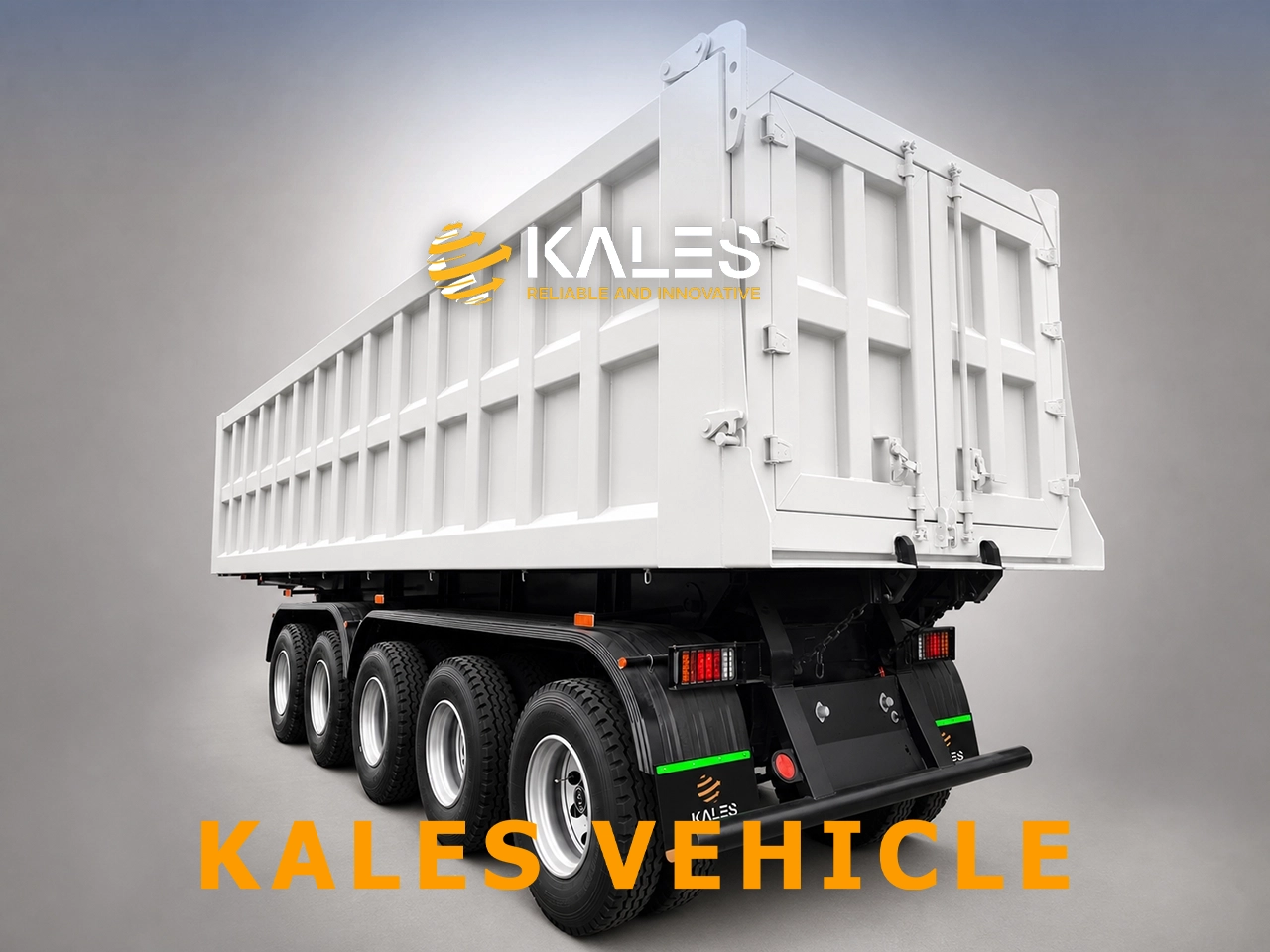 Rear 45 degree view of a Kales 100 ton 5 axle U-shape mining dumper