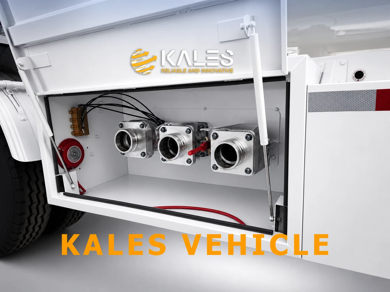 Three discharge outlets and safety valve box on a 45,000L fuel tanker