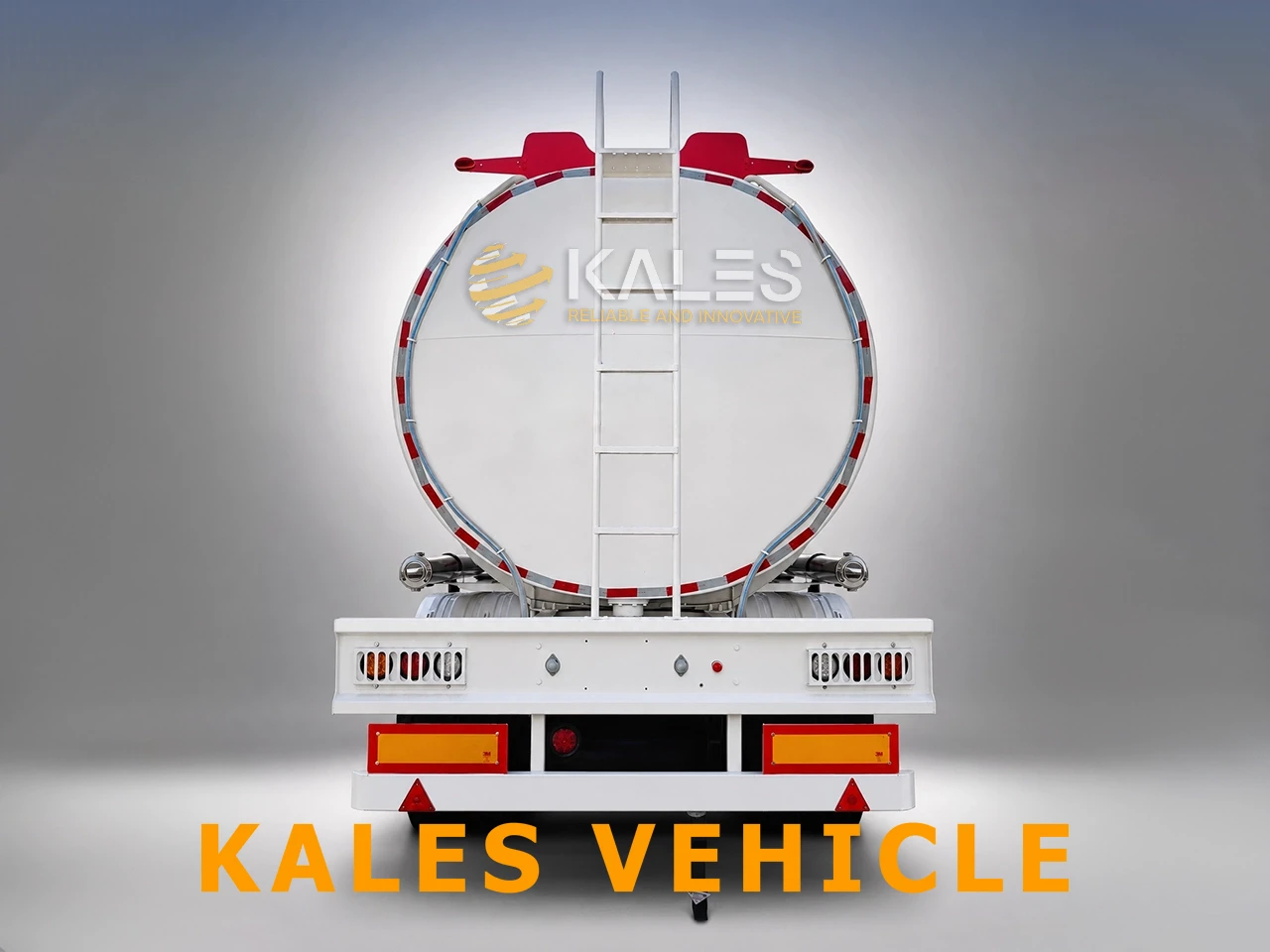 Rear view of a fuel tanker trailer with underrun protection and access ladder