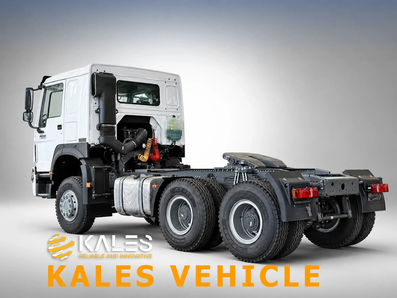 Rear 45-degree perspective view of Kales refurbished HOWO 6x4 tractor head and chassis layout.