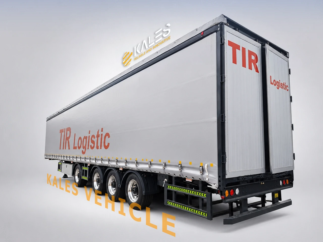 Rear three-quarter panoramic view of Kales 120m³ curtain-side semi-trailer displaying modular aluminum rear doors