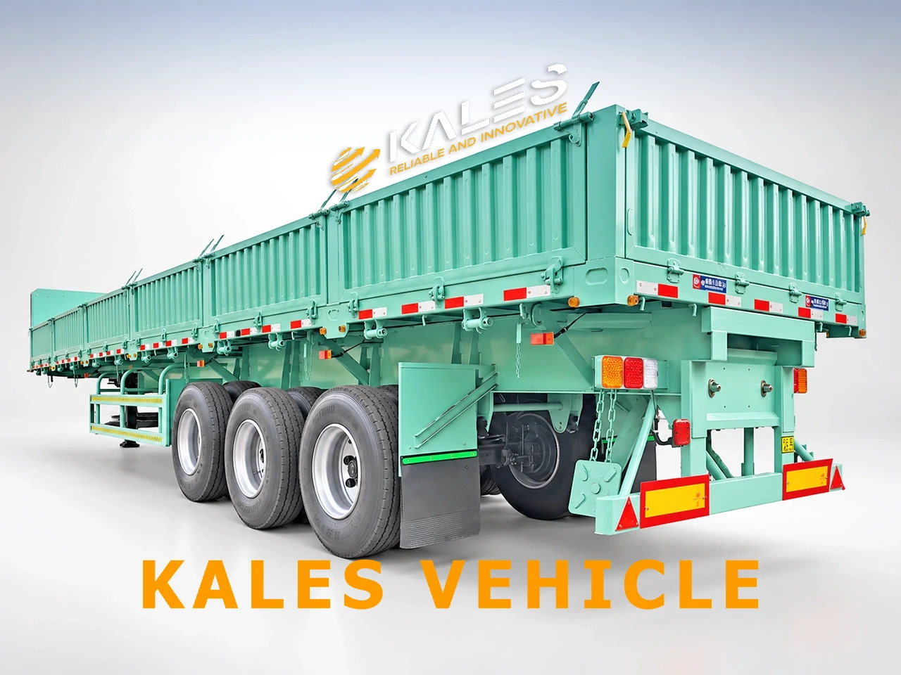 Rear three-quarter 45-degree panoramic view of Kales 13.5m dropside tipper trailer