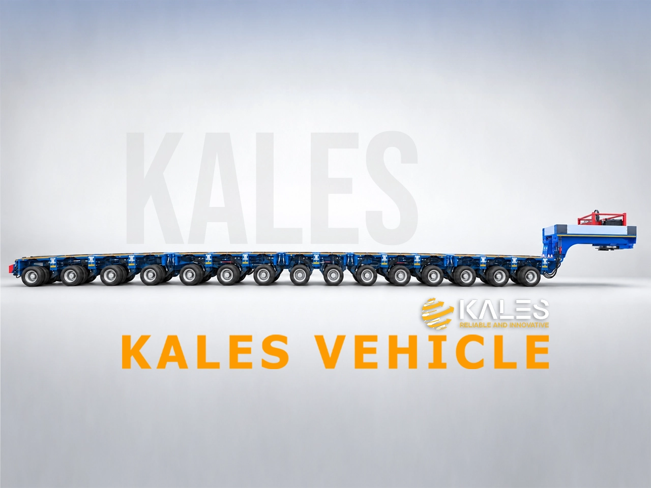 Side profile view of KALES 16-axle line hydraulic modular trailer showing 29.28-meter Q690 high-strength steel deck and 32 pendular axle lines for heavy haulage.