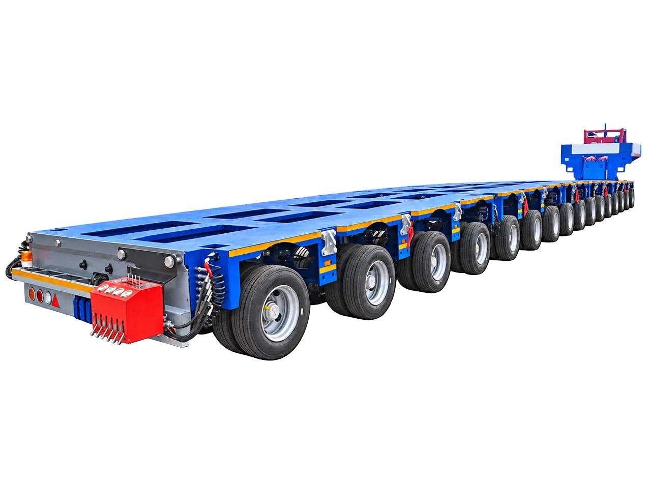 「Kales 16-Axle Line (32-Pendular Axle) Nicholas Type Hydraulic Modular Trailer, features Q690 high-tensile steel main beam for extreme heavy haulage of 400-ton transformers and petrochemical reactors. Shown with drawbar and modular coupling interface.」