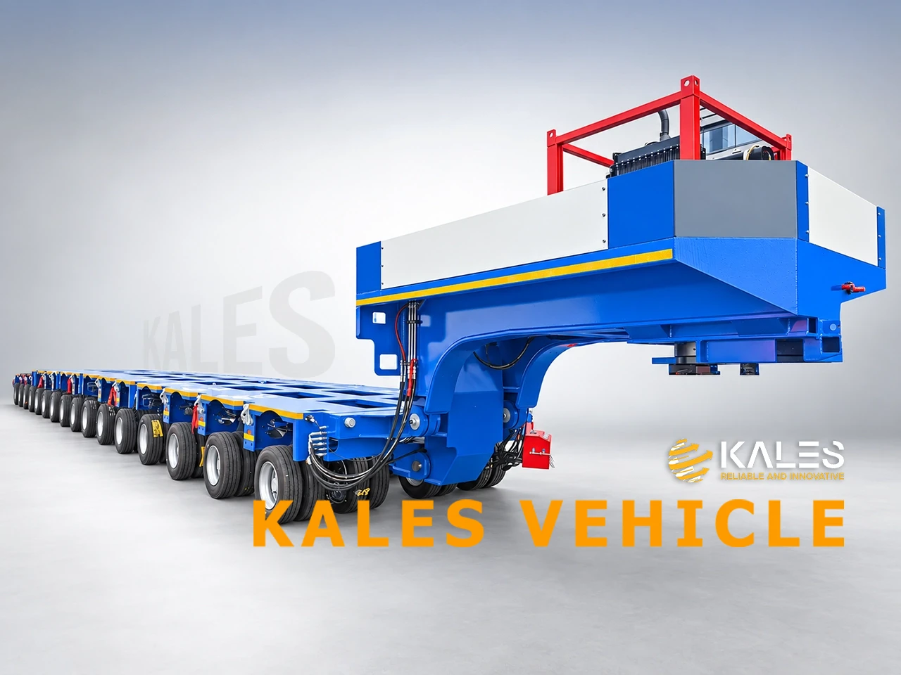 Front three-quarter overall view of KALES heavy haul hydraulic modular trailer with hydraulic gooseneck attached for transformer and wind tower transportation.