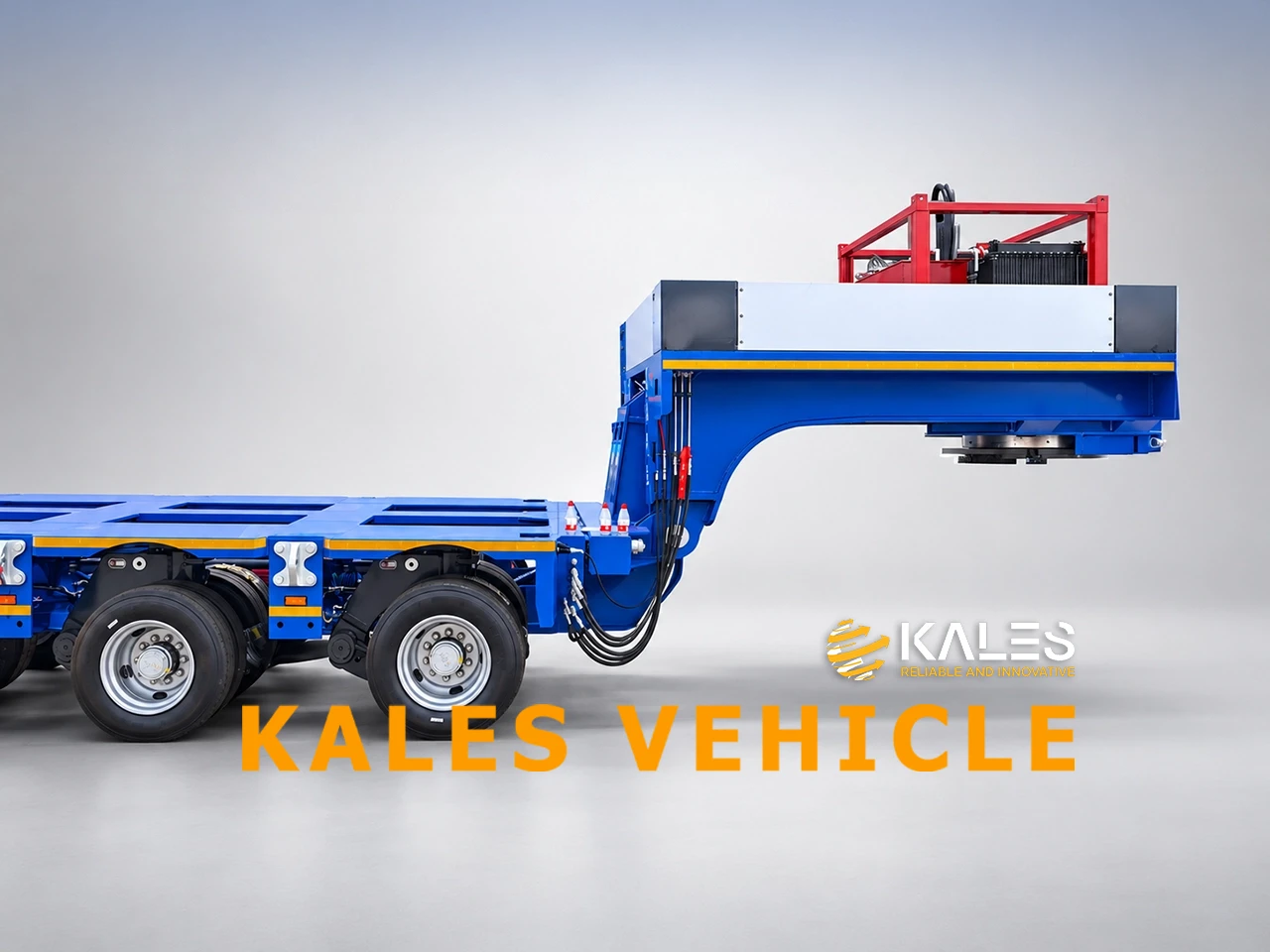 Close-up of KALES hydraulic gooseneck integrated with Quanchai 490 four-cylinder diesel power pack unit (PPU) for trailer steering and suspension control.