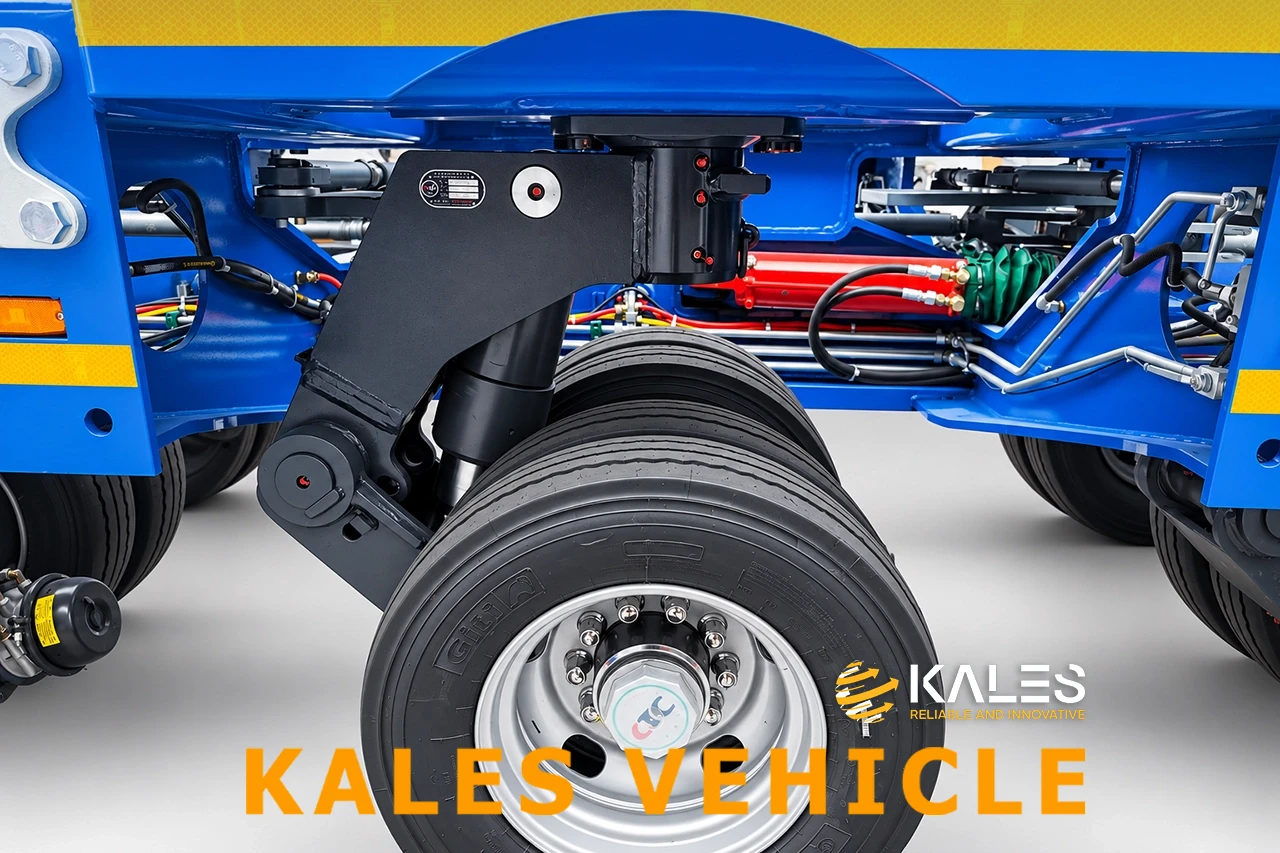 Close-up of KALES multi-axle modular trailer wheel assembly with dual 215/75R17.5 heavy-ply tires mounted on 6.5-15 rims for optimal axle-load distribution.