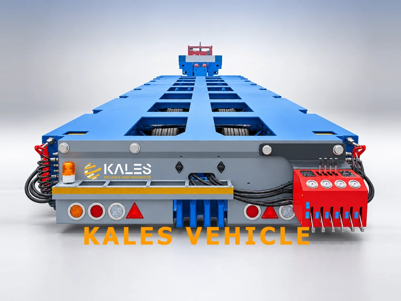 Rear view of KALES Nicolas type hydraulic modular trailer displaying 3-meter platform width, heavy-duty rear bumper, LED warning lights, and pneumatic brake couplings.