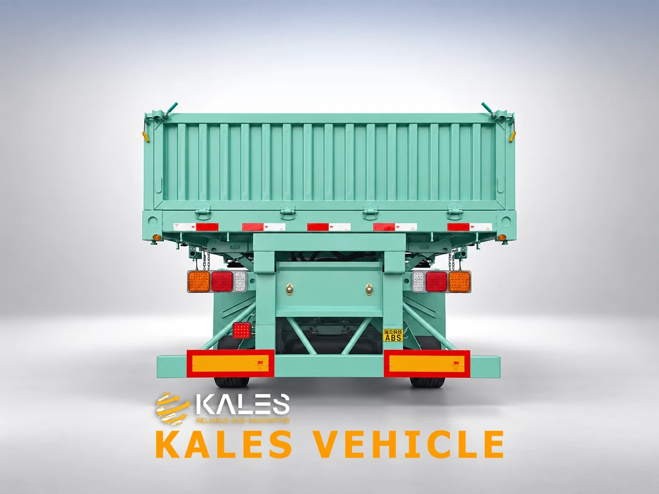 Rear view of Kales side tipping trailer showing underrun protection bumper and LED lighting assembly